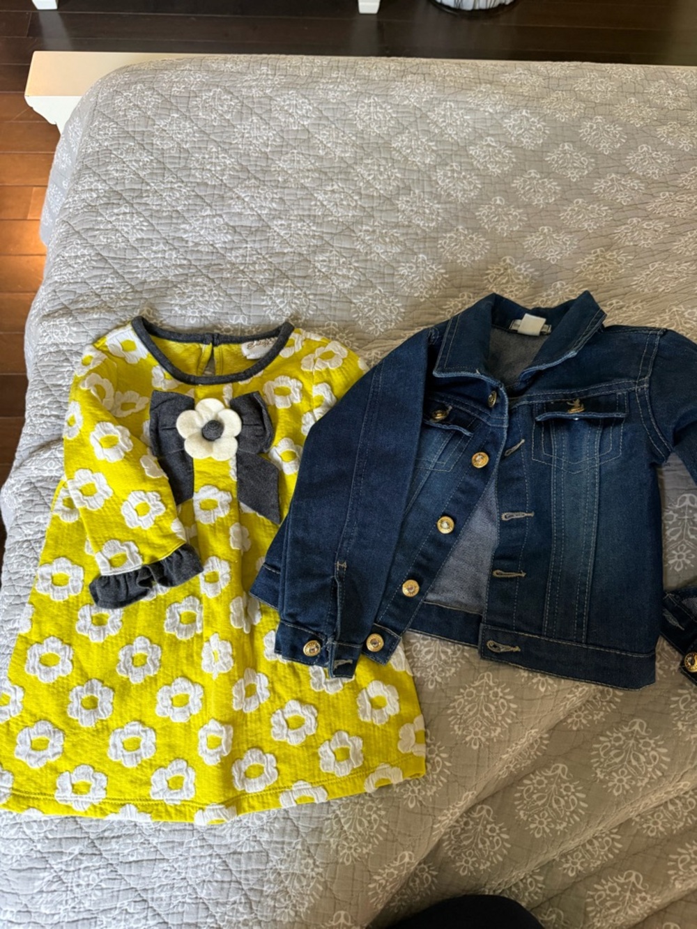 Girls Yellow Floral Dress with Dark Denim Bow Accent and Jean jacket